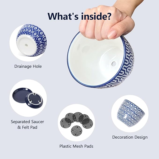 Selamica Ceramic Succulent Pots, 4.6 Inch Small Plant Pots with Drainage Holes & Saucers, Succulent Planters for Indoor Plants Cactus, Home Decor, Set of 6, Vintage Blue