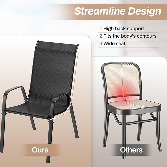 TLSUNNY Patio Chairs, Stackable Textilene Outdoor Dining Furniture for All Weather, with 17.7″ Wide Seat & Metal Frame, for Garden, Backyard, Deck, Restaurant, Poolside (6, Black, 26.4″)