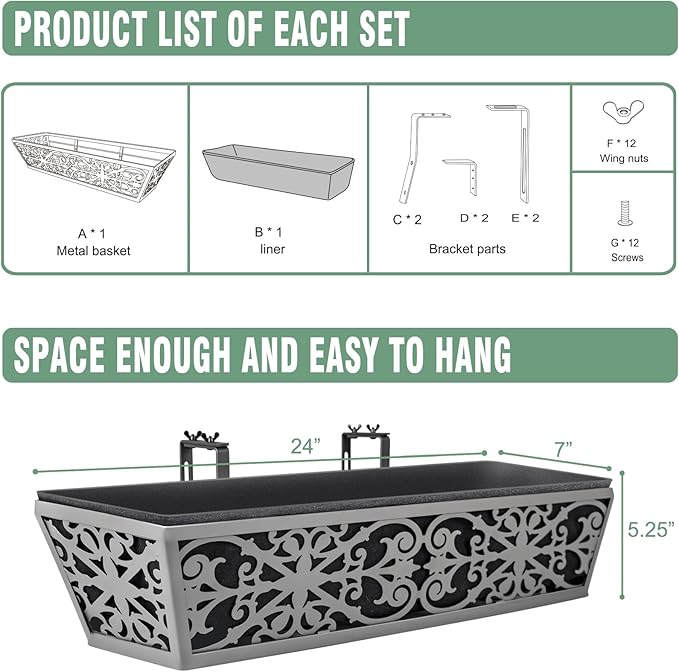 2 Pack 24 Inch Window Boxes Planter for Outdoor Plants Deck Railing Planters Box with Adjustable Brackets for Porch Fence Balcony Hanging Flower Baskets with Non-Woven Fabric Liner for Garden Decor