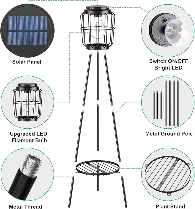 2 Pack Solar Lights with Plant Stand, Outdoor Floor Lamp, Waterproof Solar LED Edison Bulb Floor Lamps for Patio Porch Deck Yard Garden Decor
