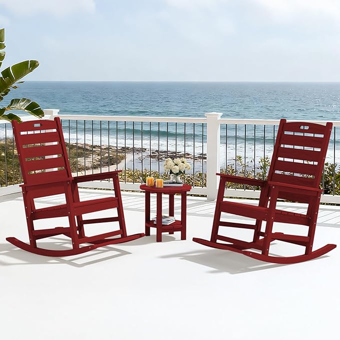 SERWALL Outdoor Rocking Chair, Oversized Rocking Chair with Footrest for Adults, HDPE All Weather Resistant Rocking Chairs for Patio, 350lbs Weight Capacity, Red