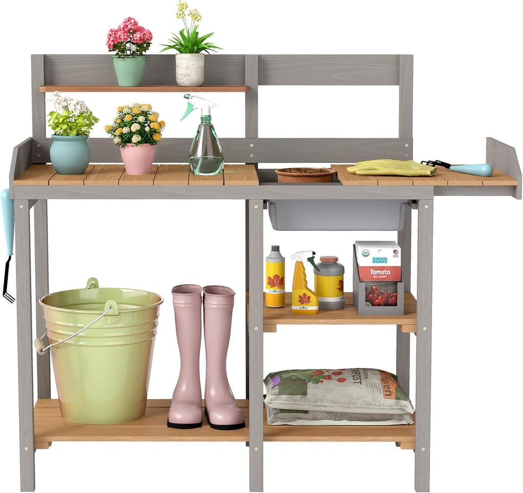 outdoor potting bench with sink, wood garden workstation, main product view