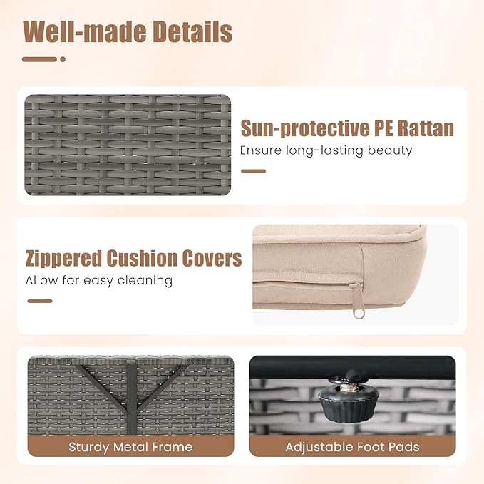 LDAILY Moccha Outdoor Daybed, Wicker Loveseat Sofa Set with 4-Postion Adjustable Backrest, Storage Ottoman, Cushions, Rattan Double Bed Lounger, Patio Furniture Set (Mixed Gray+Beige)