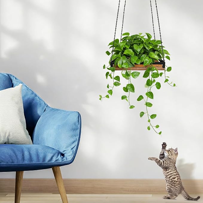 Plant Hanger Indoor, 11.8" Wooden Hanging Plant Holder with Metal Frame Hanging Planter for Indoor Plants Load 50LB Hanging Plant Shelf with 27.6" Long Chain, Ideal for Heavier Pots Ceiling（2 pack）