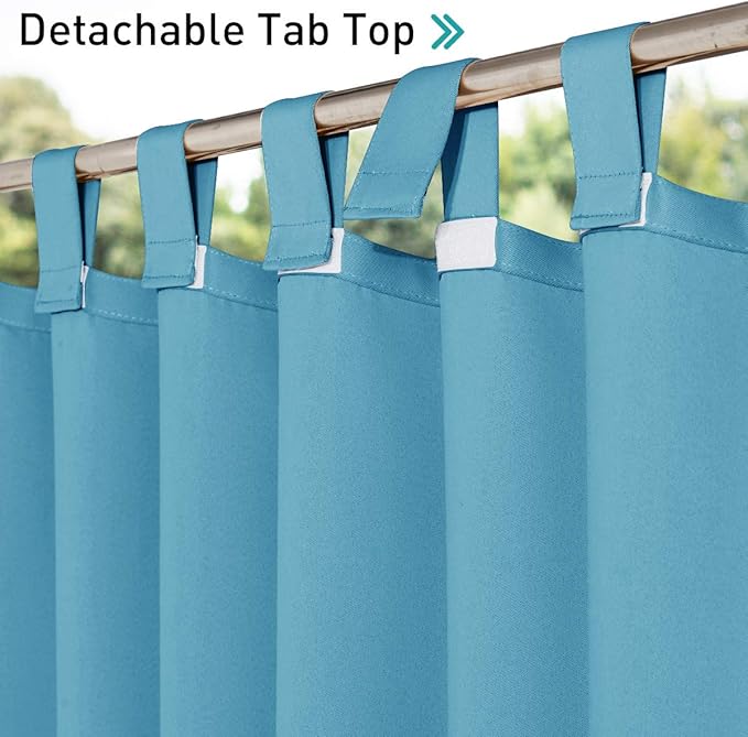 NICETOWN 2 Pieces Privacy Thick Outdoor Curtainss for Patio, Waterproof Window Treatment Detachable Sticky Tab Top Room Darkening Vertical Drapes for Bathroom/Pool, 52 by 84 Inch, Teal Blue