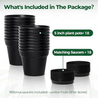 T4U Flower Pots 18-Pack, 5 Inch Plant Pot with Saucer and Drainage Hole, Durable Plastic Flower Pots, Small Pots for Plants, Violet, Succulent and Indoor Plant Decorative (18 Pack 5" Pot, Black)