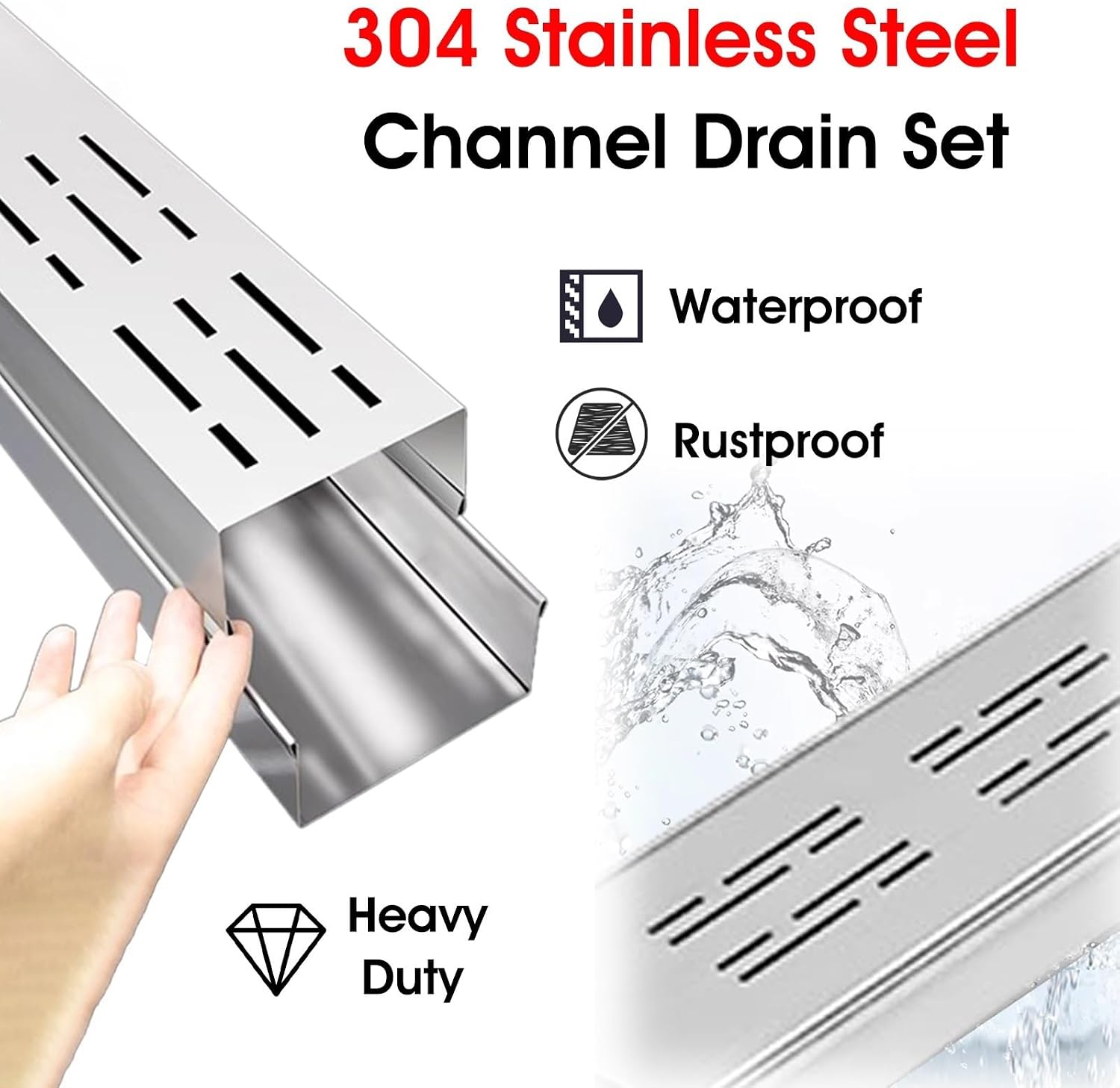 French Drain Kit - 6.5ft Mini Underground Water Drainage System Outdoor Concrete Trench Gutter with 304 Stainless Steel Grate Cover Black Design for Patios and Yards