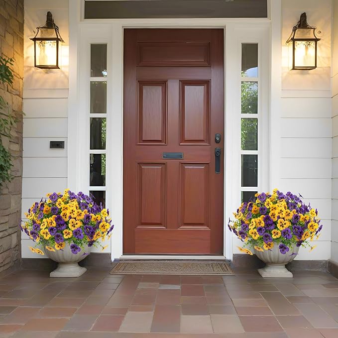 18 Pcs Artificial Fake Pansy Flowers for Outdoor, Faux UV Resistant Silk Pansies Flowers for Outside Planter Front Door Porch Yard Patio Window Box Home Decor (18, Yellow,Purple)