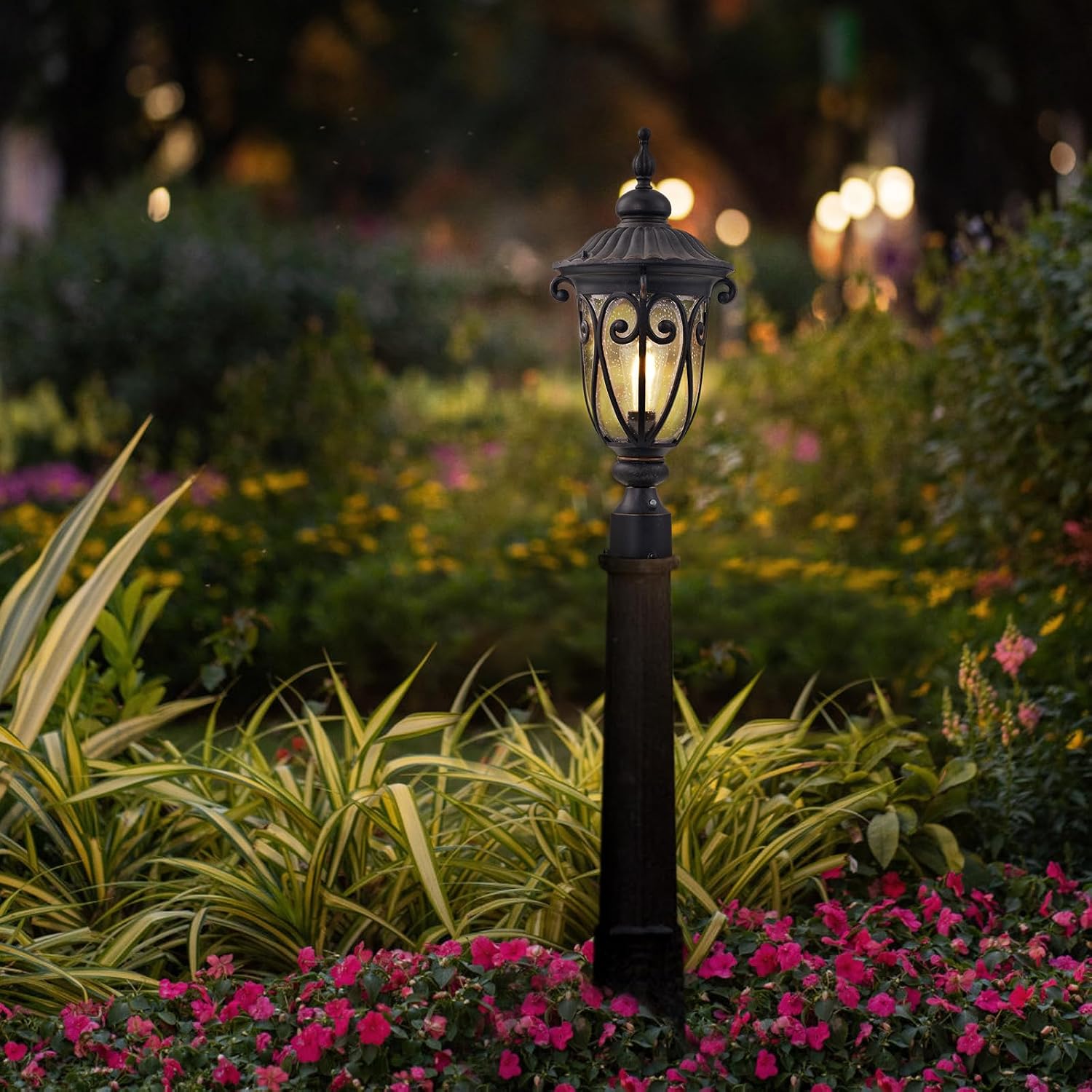 24 Inch High Outdoor Post Light Fixture with Dusk to Dawn Sensor, Bronze Post Lantern with Pier Mount, Exterior Pole Lighting with Seeded Glass for Yard, Garden, Patio and Pathway, LMMS0519-M
