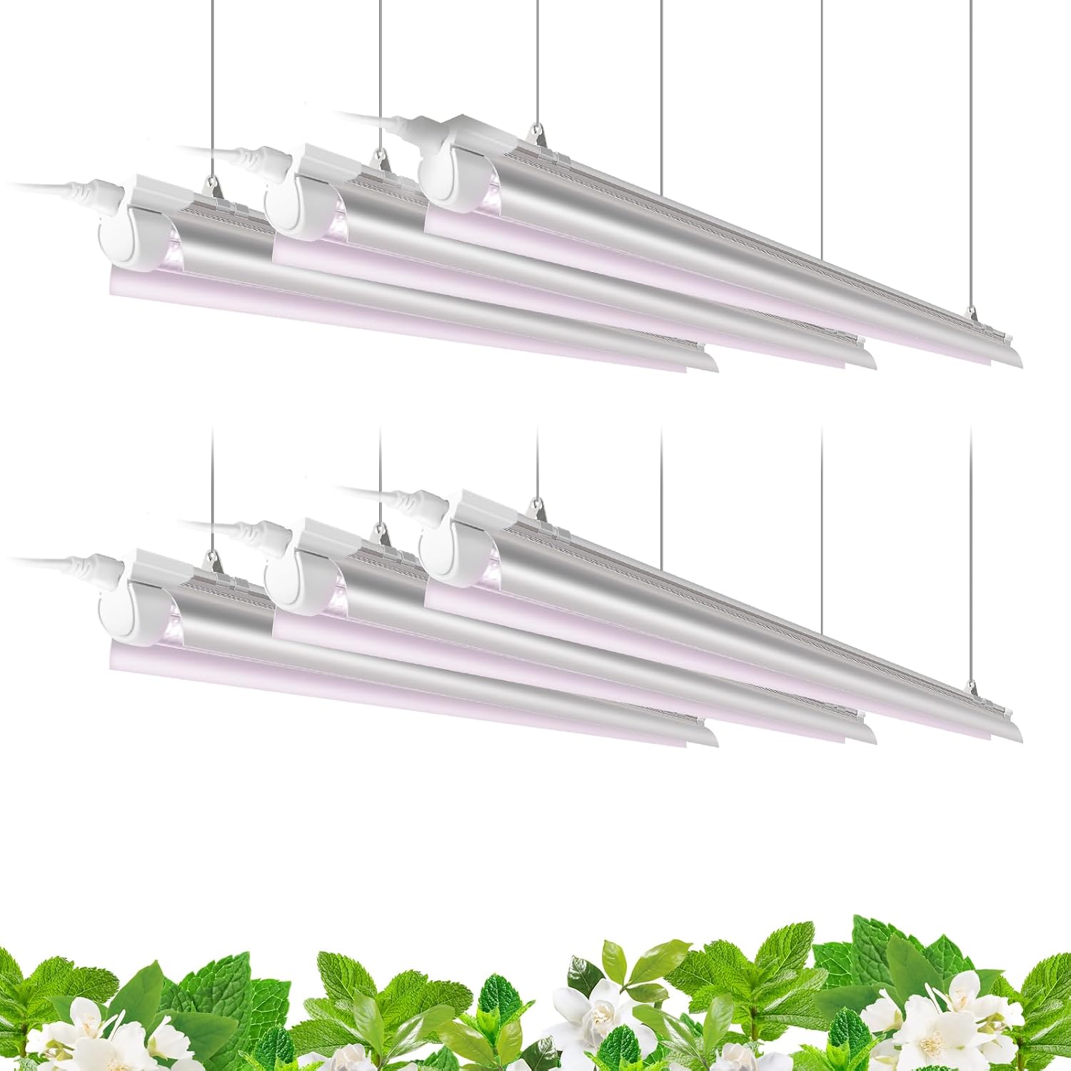 Barrina 4FT T8 Plant Grow Light, 42W Full Spectrum LED Growing Lamp, 6 Pack | 252W(6x42W), V-Shaped Reflector, On/Off Switch, Linkable LED Grow Light for Indoor Plants, Greenhouse, Shelf, Pinkish White
