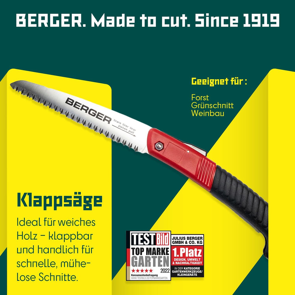 BERGER Folding Saw – Professional 7" Pull-Saw with Chrome-Plated Carbon Steel Blade, Coarse Teeth for Tree Trimming, Soft Wood Cutting, Camping, Gardening – 64650