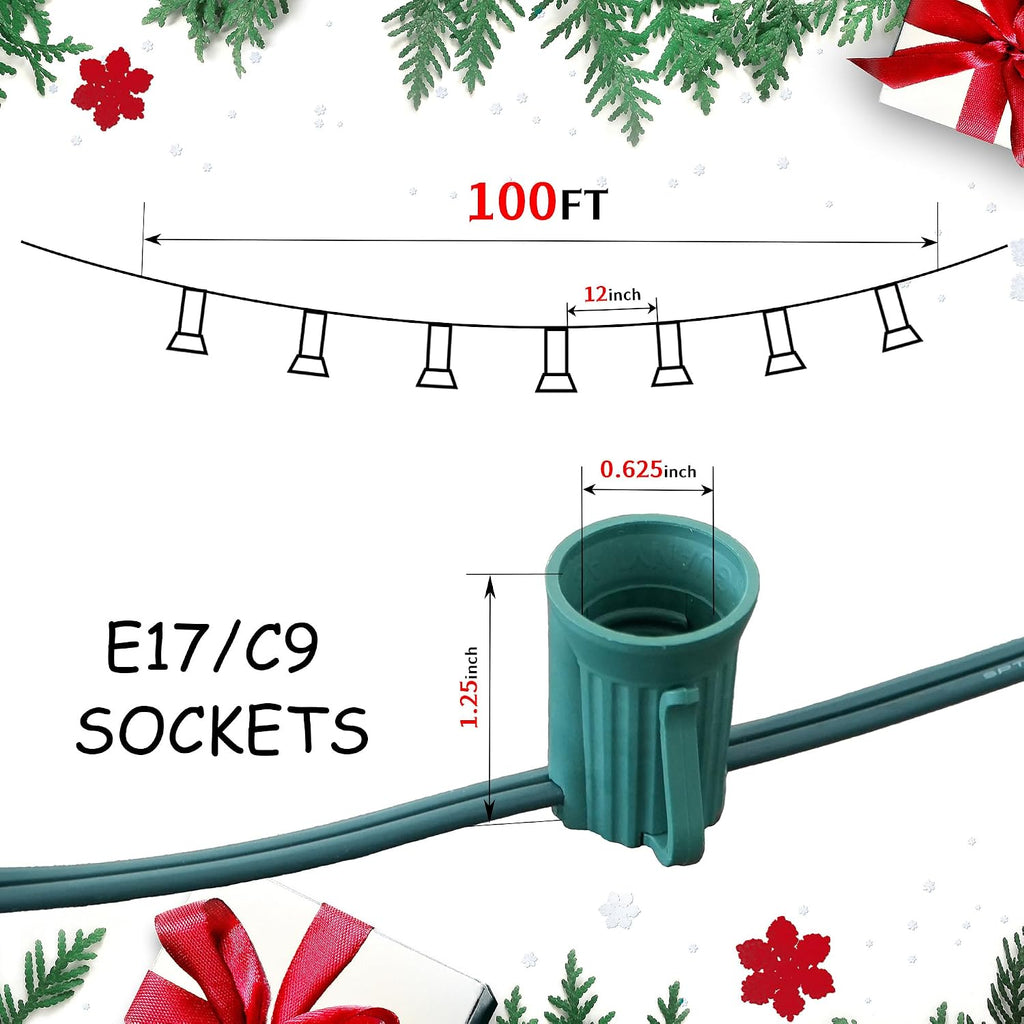LUCKY TL 100 FT C9/E17 Christmas Light Sockets Spool Set, with 100 C9 Bulbs | 18 AWG wire, Green SPT-1 Wire, 12 Inch Spacing, UL Listed