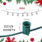 LUCKY TL 100 FT C9/E17 Christmas Light Sockets Spool Set, with 100 C9 Bulbs | 18 AWG wire, Green SPT-1 Wire, 12 Inch Spacing, UL Listed