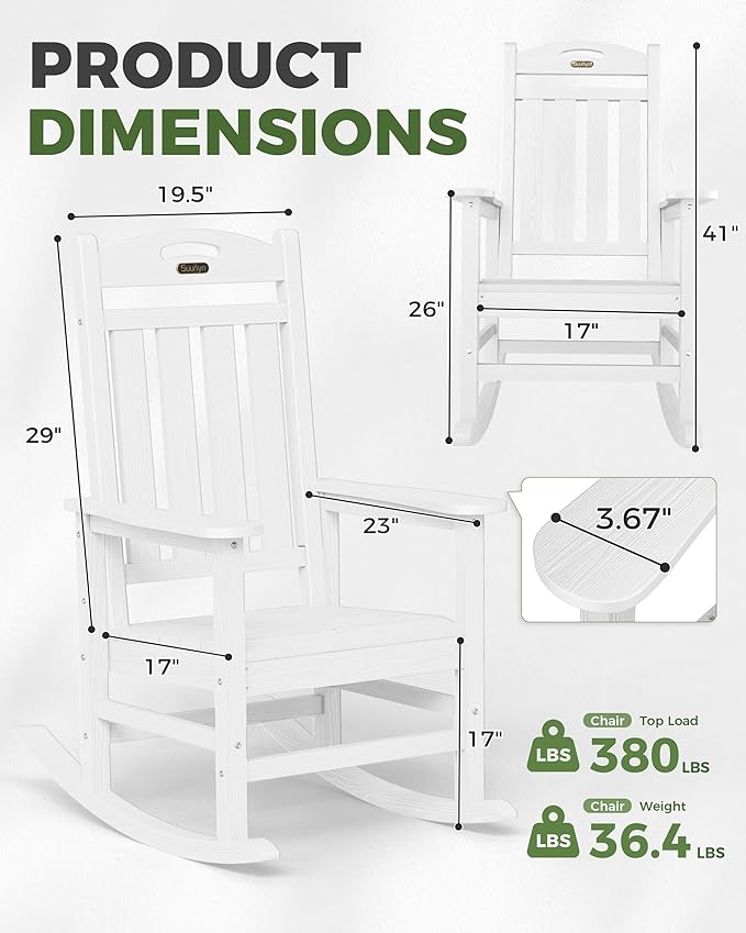 Oversized Rocking Chairs Outdoor Set of 4, High Back Porch Rocking Chair, HDPE All Weather Resistant Patio Chairs, 380lbs Weight Capacity, White