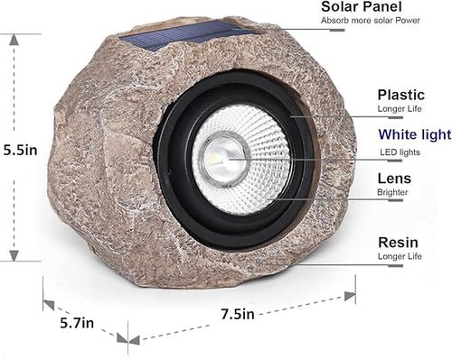 2 Pack Solar Rock Lights Outdoor, Angle Adjustable Solar Lights Outdoor Waterproof, LED Solar Garden Lights, Auto On/Off Landscape Lighting for Yard Pathway Patio Flower Bed - White Glow (Stone Brown)