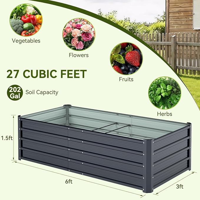 Ohuhu 6x3x1.5FT Metal Raised Garden Bed Outdoor, Reinforced Galvanized Steel Rustproof Planter Box, 100% Non-Toxic, 202 Gal Large Capacity Heavy Duty Raised Beds for Growing Vegetables Flowers Herbs