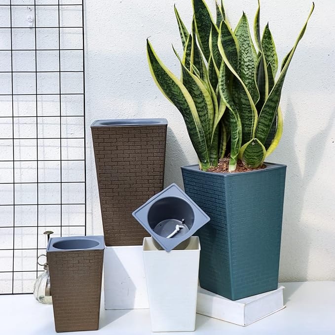 2 Pack Self Watering Planters 10.7" x 6.9" Planter for Indoor Plants Self Watering Violet Pots Plastic Flower Pots Square Planter with a Bag of Clay Pebbles, Bronze