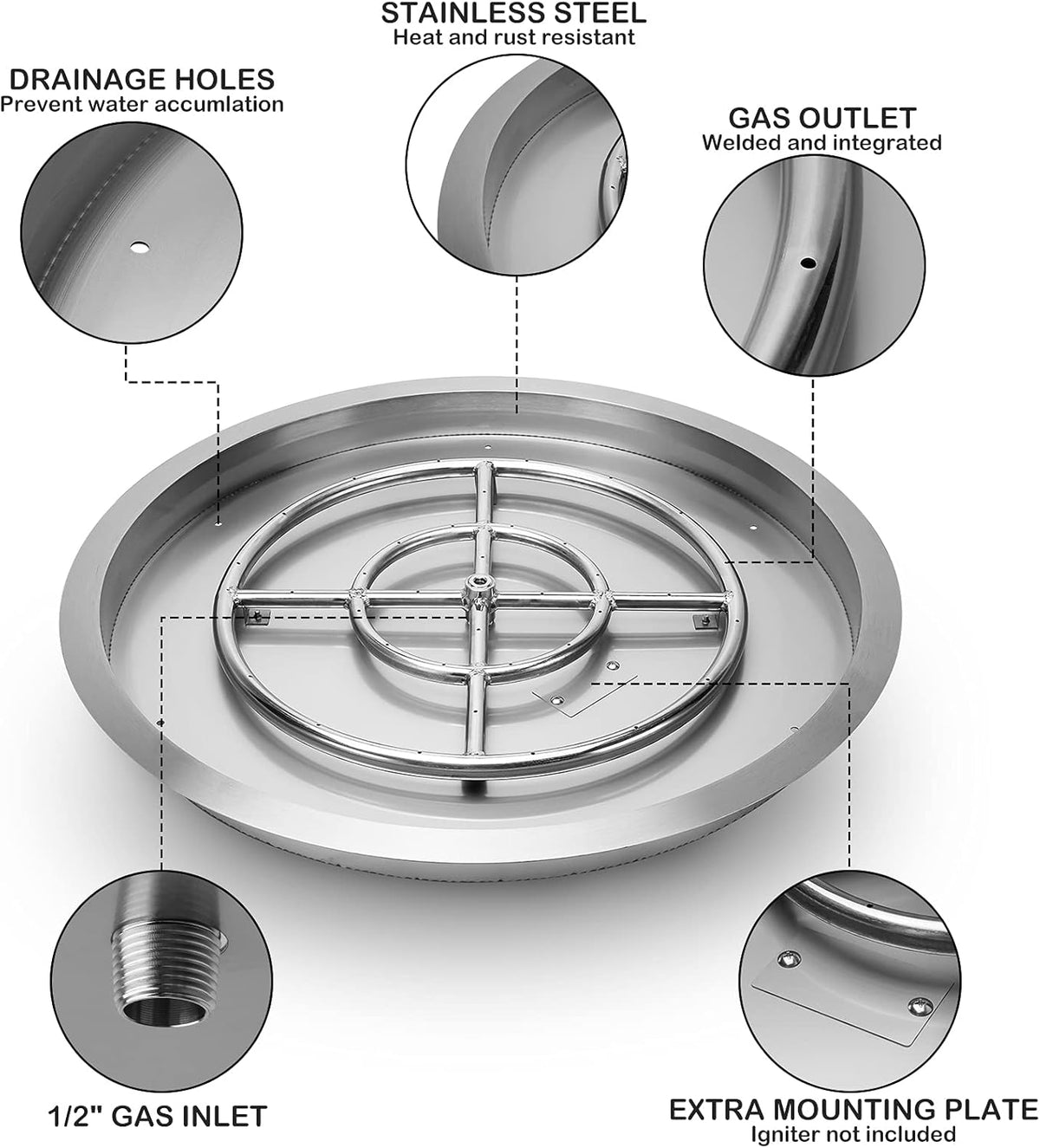 stanbroil 31 inch drop-in round fire pit with, close-up detail