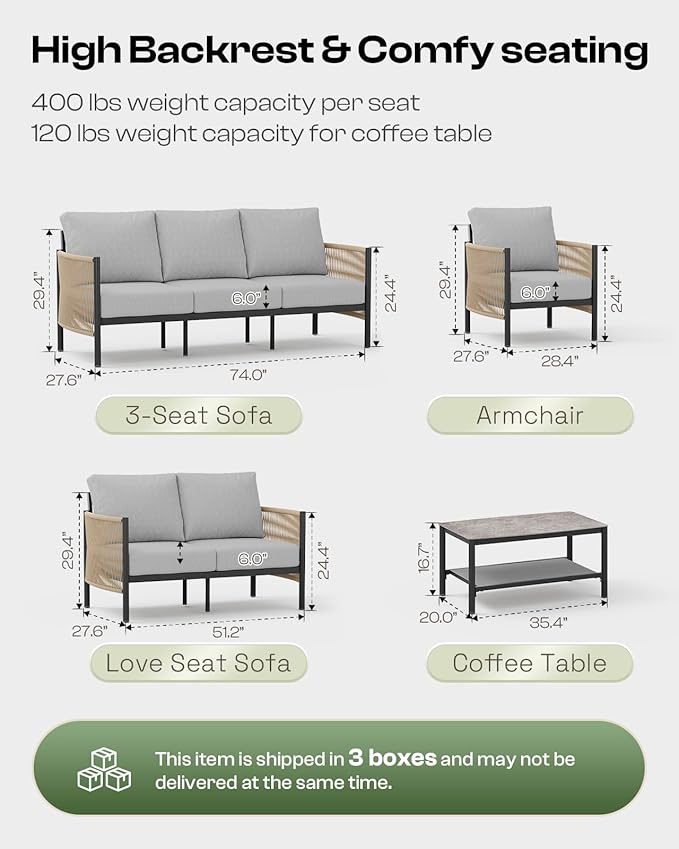 Aluminum Outdoor Patio Furniture Set with Dual-Layer Coffee Table, 4 Piece Modern Patio Conversation Sets with PE Rope, Outdoor Sectional Sofa with Thick Cushions for Balcony, Deck, Gray