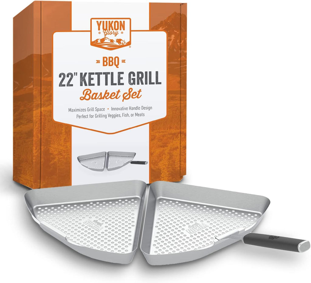 Grill Basket for Kettle Grills, 2 Stainless Baskets | Includes clip-on handle, designed for 22 inch kettle grills. Fish and vegetable grill basket.