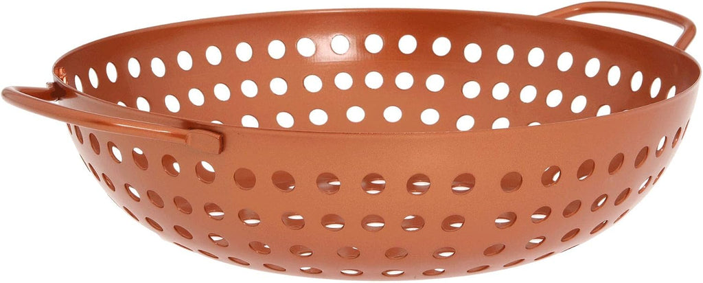 Outset Grill Wok With Holes, Copper Non-Stick, Round With Handles