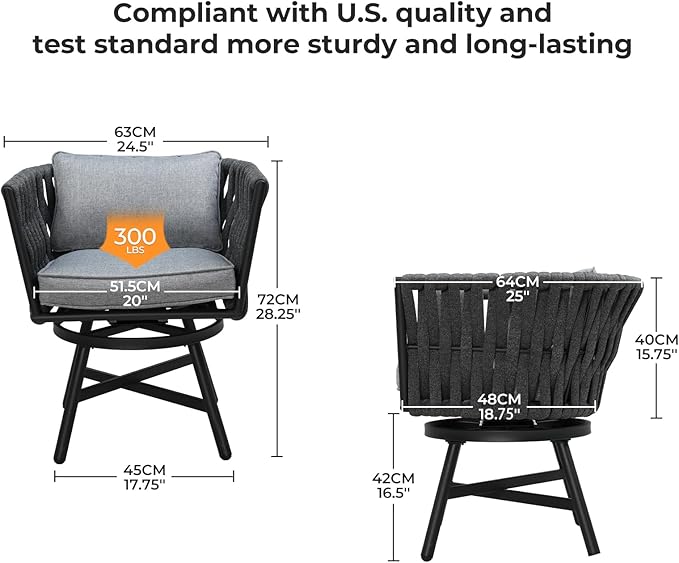 Grand patio Swivel Rope Wicker Chairs Set of 2, Patio Dining Chairs with Cushions, Wicker Armchairs Frame, Outdoor Modern Style for Backyard, Balcony, Quinn, Dark Grey