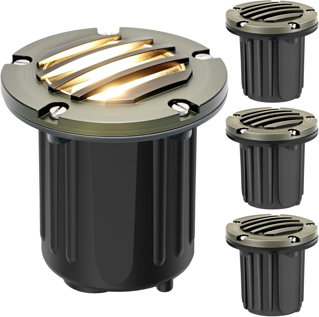 Brass Low Voltage Landscape Well Lights (5" Cover, 5.5" Tall), 12V LED Wired In-Ground Outdoor Up Lighting Fixture Waterproof, Adjustable Beam Direction Base, Without MR16 Bulb (4 Pack)