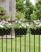 Metal Railing Planters for Outdoor Plants - 3 Pcs Balcony Hanging Flower Pots with Detachable Hooks & Drain Holes, Windowsill Oval Hanging Buckets Fence Planters for Garden Home Decor, Black with Dot
