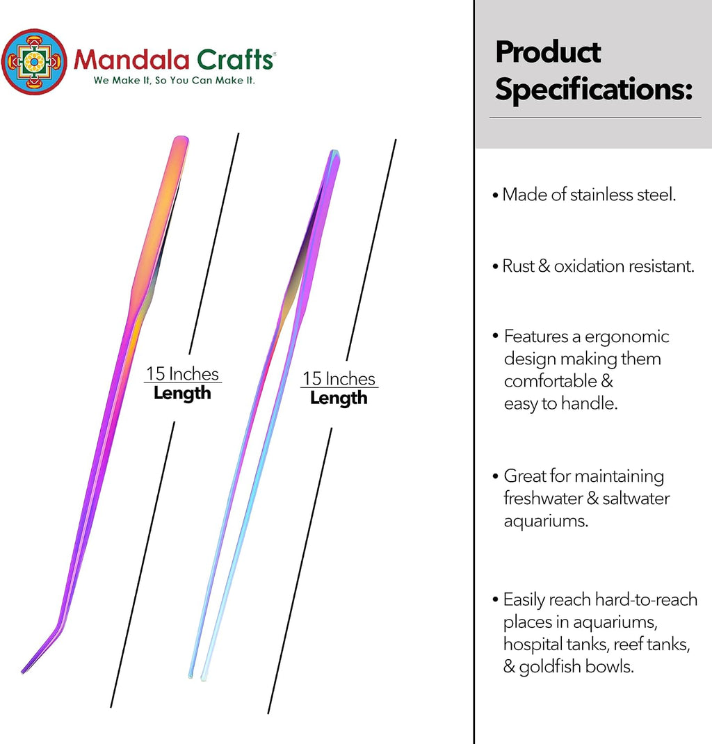 Mandala Crafts Rainbow 15 Inch Straight Curved Fish Tanks Aquarium Tweezers | 15 Inch Forceps, Rust Resistant Stainless Steel, Trimming Aquatic Plants, Bowls, Terrariums, Freshwater & Saltwater Aquascape