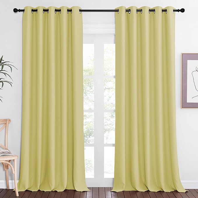 NICETOWN Blackout Curtain Drape for Bedroom - Light Reducing Thermal Insulated Solid Grommet Room Darkening Window Curtain 90 inches Long for Living Room (Paler Yellow, 1 Piece, W66 x L90)