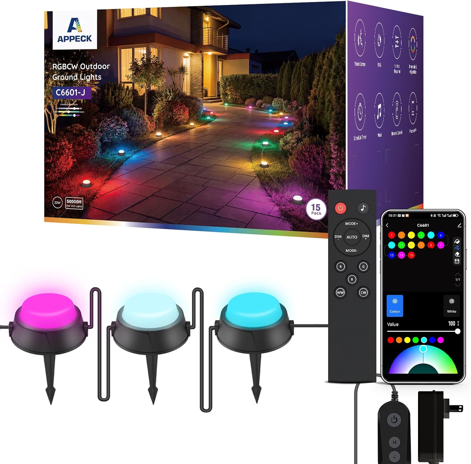 Outdoor Ground Lights 15 Pack, 32FT RGBCW Pathway Lights Wired | Color Changing Landscape Lights, 2200-6500K CCT, IP65 Waterproof, for Path Garden Lawn, Holiday/Party Decor, Alexa Compatible