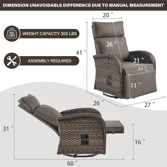 Swivel Outdoor Recliner Chair Set of 2 - Reclining Patio Chair with Adjustable Backrest and Footrest, All-Weather Wicker Chaise Lounge Chair Outdoor for Pool Deck (Upgraded 2.0)