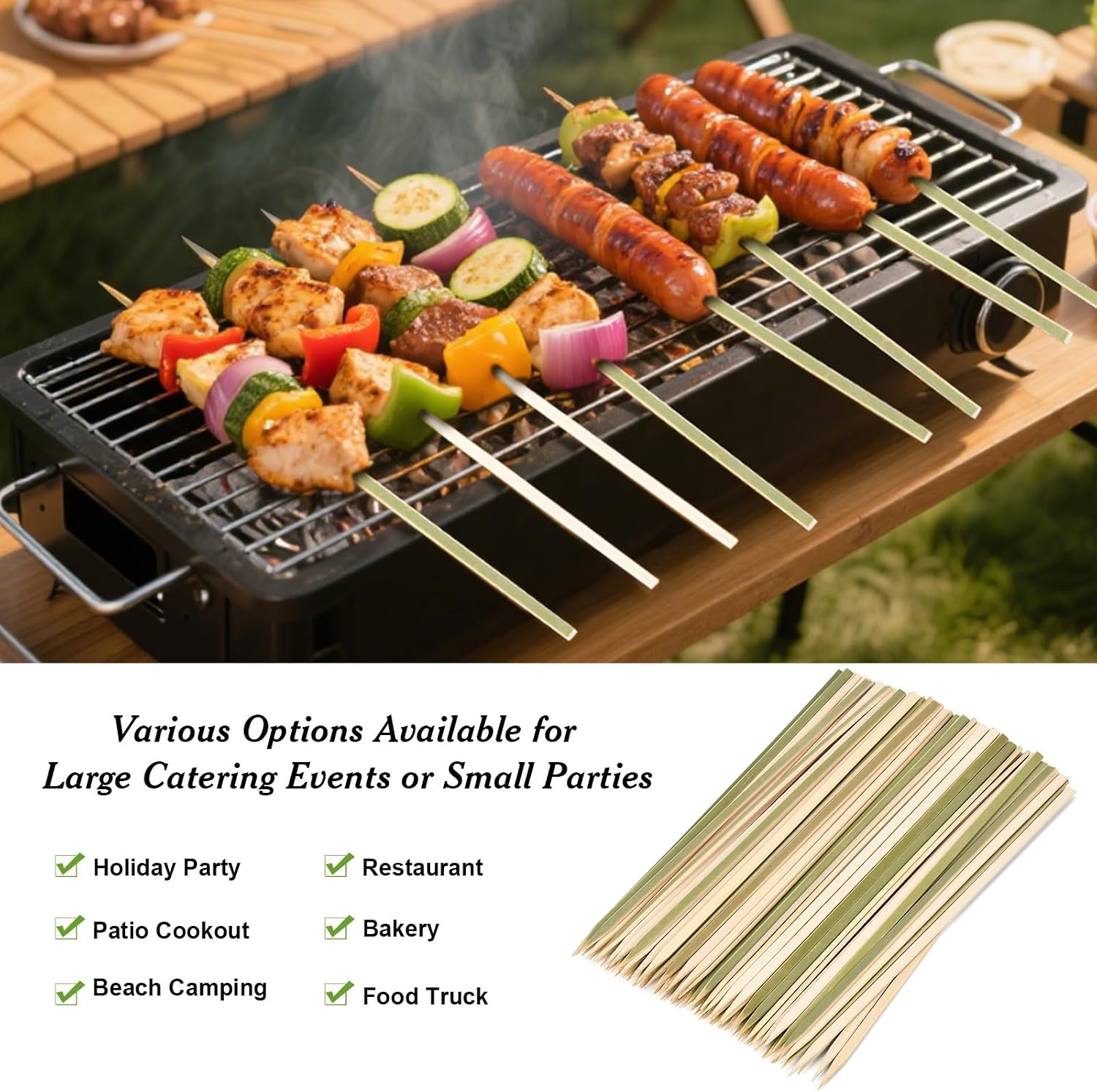 200 Pcs 12inch Natural Green Flat Wide bamboo kabob skewers for grilling Fruit Sticks Kebabs appetizers Barbecue Kababs Party mini wooden bbq skewers