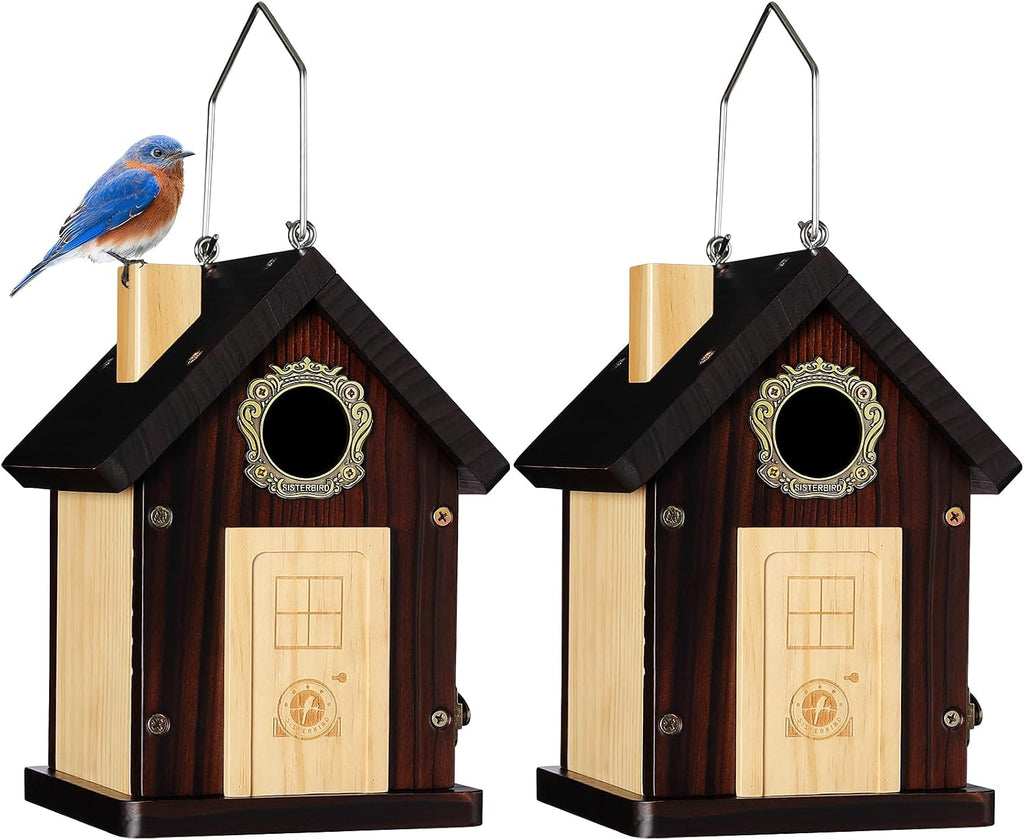 SISTERBIRD Pack of 2 Premium Bluebird Houses for Outside, All Seaons Bird Houses for Outside, Wooden Cabin Birdhouses for Outdoors, Weatherproof Courtyard Decorated Hanging Bird House