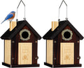 SISTERBIRD Pack of 2 Premium Bluebird Houses for Outside, All Seaons Bird Houses for Outside, Wooden Cabin Birdhouses for Outdoors, Weatherproof Courtyard Decorated Hanging Bird House