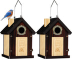 SISTERBIRD Pack of 2 Premium Bluebird Houses for Outside, All Seaons Bird Houses for Outside, Wooden Cabin Birdhouses for Outdoors, Weatherproof Courtyard Decorated Hanging Bird House
