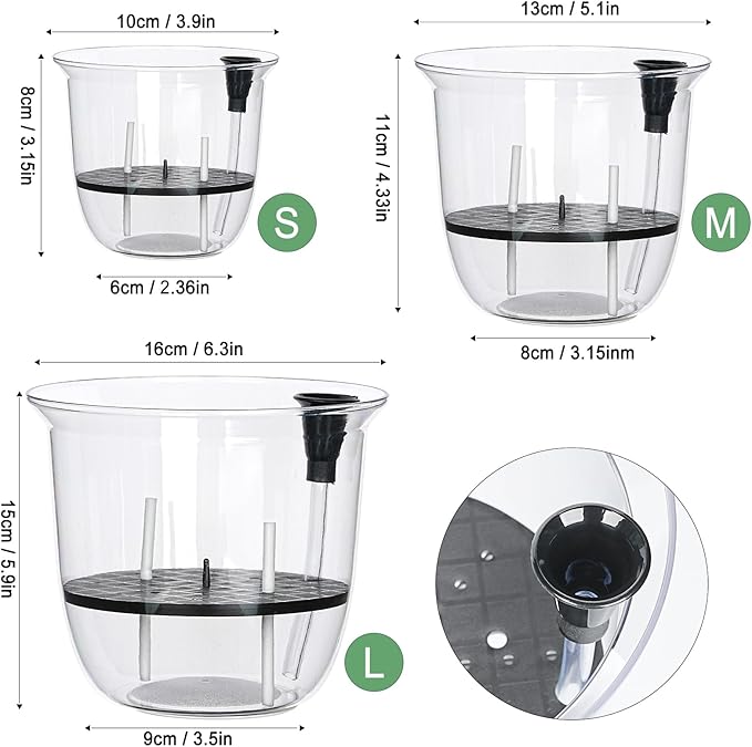 Self Watering Pots, 3 Pack 4 Inch Clear Plant Pot Self Watering Planter Flowers Pot with Deep Reservoir for Indoor Plants (3 Small)