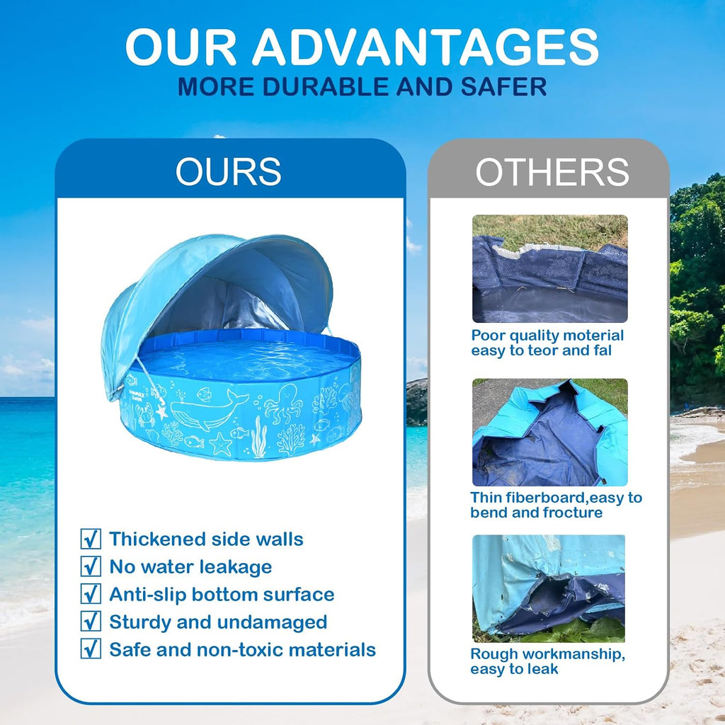 Kiddie Pool with Canopy - 47 in Foldable Kids Pool, Summer Water Play Kids Pool with Shade, Portable Non-Slip Swimming Pool & Dog Pool for Outdoor, Beach, Backyard