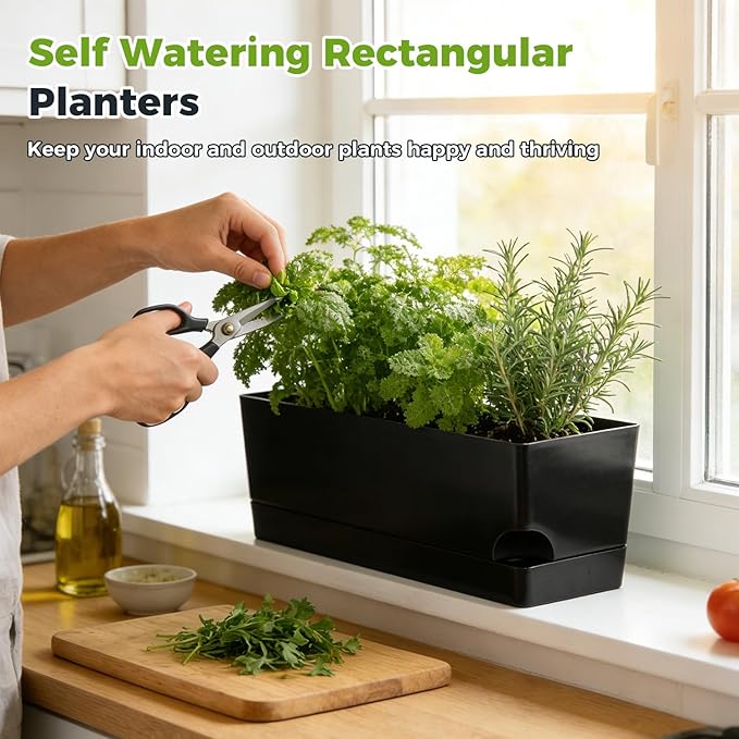 Self Watering Pots for Indoor Plants 17 Inches Window Boxes Planters Rectangular Flower Pots Rectangle Herb Pots Large Plant Pots with Drainage Holes and Saucers Windowsill Planter (4, Black)