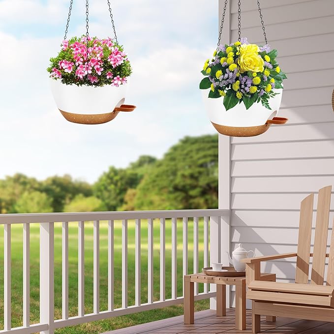 10 inch Hanging Planters for Indoor Plants, 3 Pack Self-Watering Hanging Planter Pots with Chain and Drainage Holes, Outdoor Hanging Baskets for Garden Home Decor (White With Brown, 3pcs/10inch)