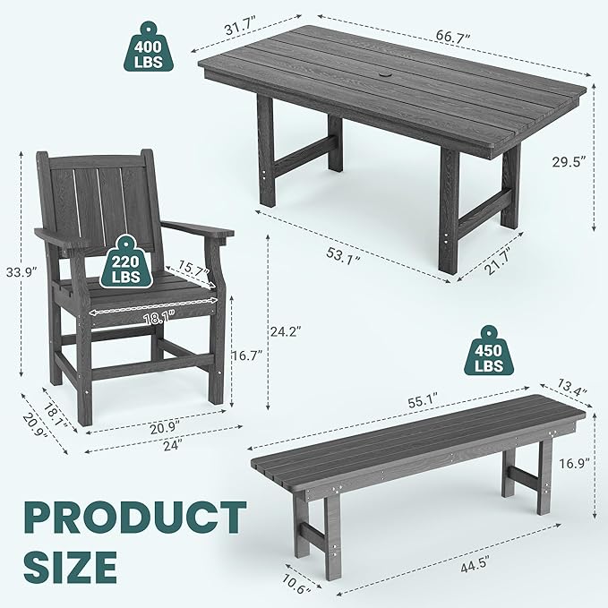 Pamapic 6 PCS Outdoor Dining Set, Spacious HDPE Outdoor Table with 4 Chairs and 1 Bench, Wood Grain Patio Furniture Sets with Elegant Armrest, All-Weather Patio Dining Table with Umbrella Hole, Gray