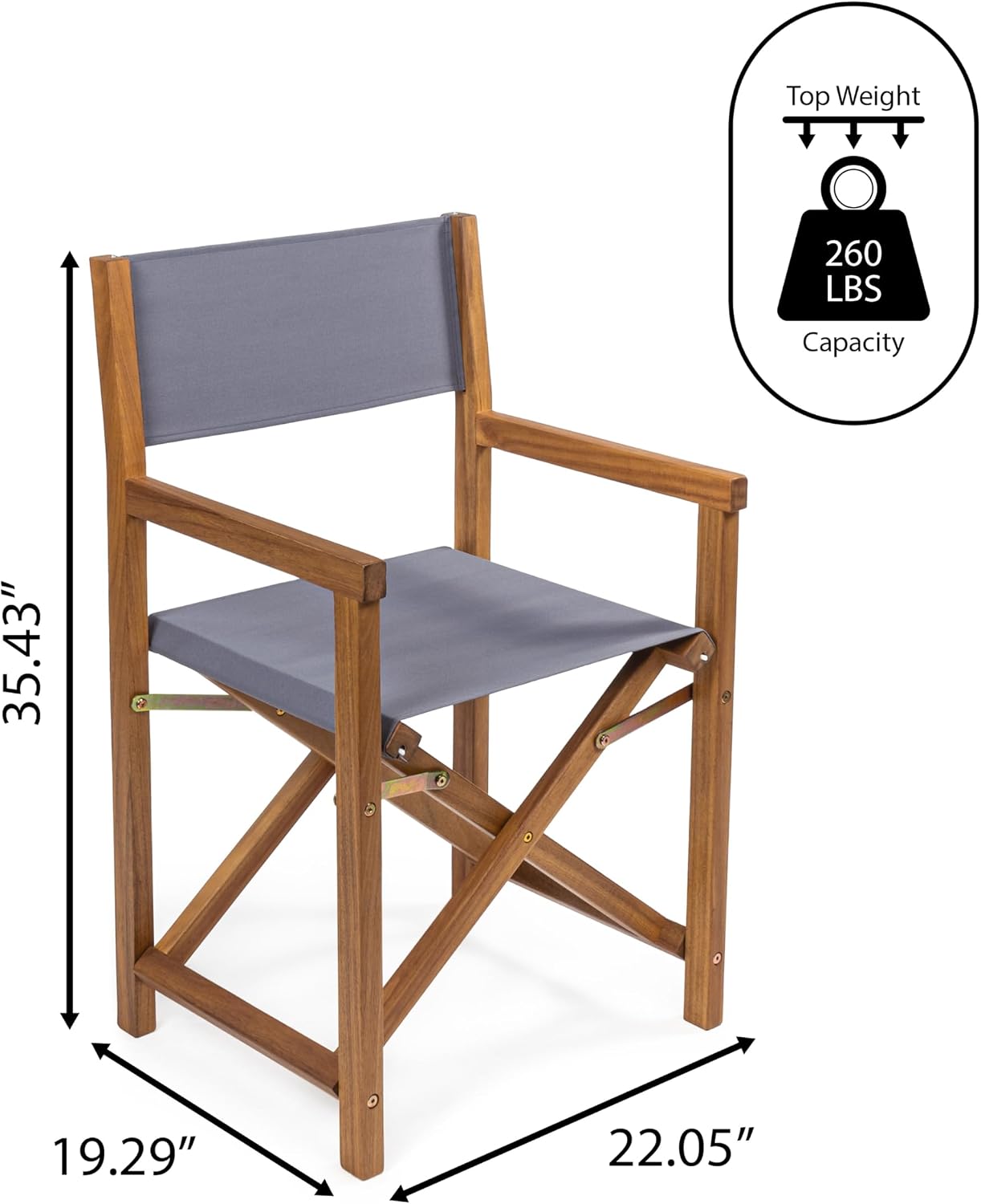 JONATHAN Y Cukor Acacia Wood Folding Director Chair Set of 2, Gray | Outdoor, Weight Capacity 260 Lbs, Teak Brown Finish, Weather-Resistant Textile, For Patio, Deck And Balcony