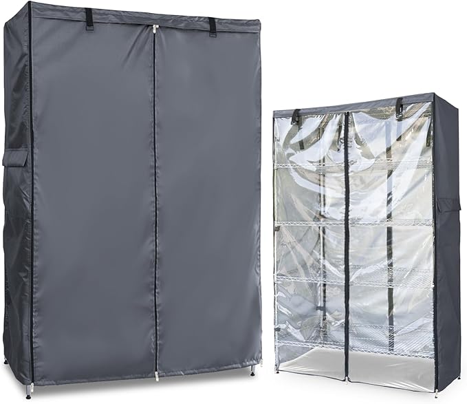 Waterproof Shelf Cover,600D Heavy Duty Dustproof Storage Wire Rack Covers,Outdoor Shelving Covers for Wire Shelves with Zipper 60''x24''x72'',Clear Front.