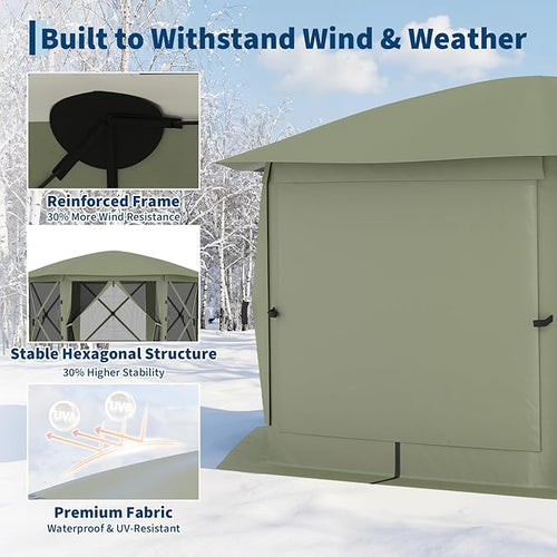 13x13FT 6-Sided Pop Up Gazebo Tent，One-Push Setup Canopy Tent with Removable Canopy Top & Wind Cloths, Outdoor shelter for Camping, Backyard Parties, Outdoor Events - Army Green