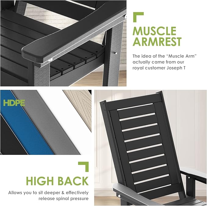 GREENVINES Outdoor Rocking Chairs | Set of 4 | Porch Rocker | HDPE Plastic | Black | Oversized Rockers | High Back | Big & Tall | Ladder Back | for Patio Outside Backyard Balcony Garden