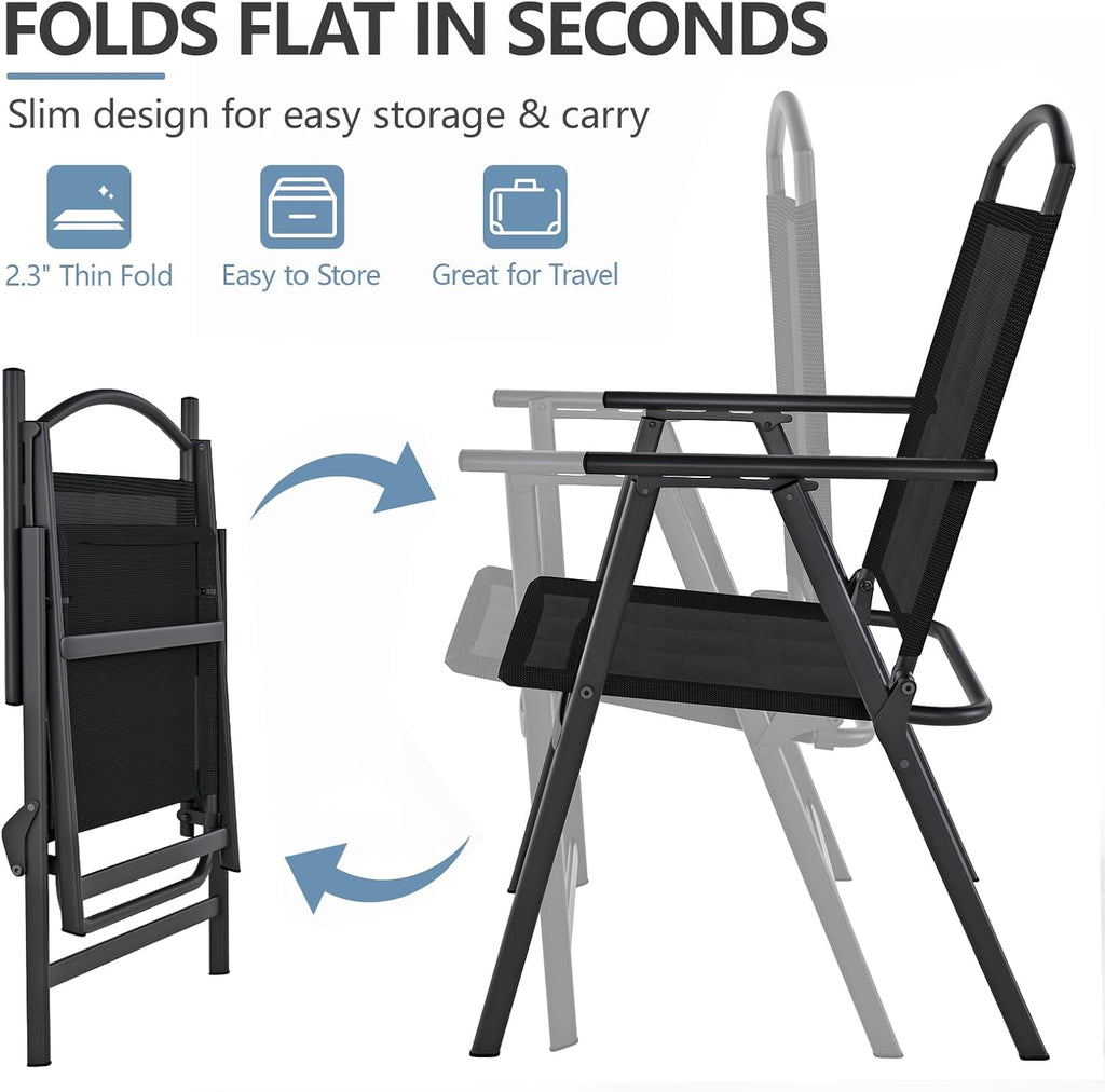 Outdoor Patio Chairs Set of 2, Folding Lawn Chairs, Black | Foldable Lightweight Dining Chairs with Armrests & Back Support, Breathable Textilene & Metal Frame for Deck, Lawn, Camping