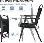 Outdoor Patio Chairs Set of 2, Folding Lawn Chairs, Black | Foldable Lightweight Dining Chairs with Armrests & Back Support, Breathable Textilene & Metal Frame for Deck, Lawn, Camping