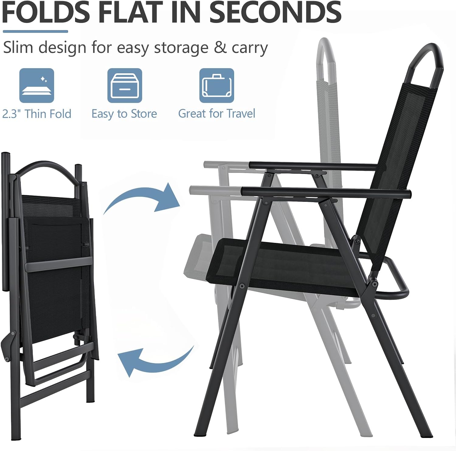 Outdoor Patio Chairs Set of 2, Folding Lawn Chairs, Black | Foldable Lightweight Dining Chairs with Armrests & Back Support, Breathable Textilene & Metal Frame for Deck, Lawn, Camping