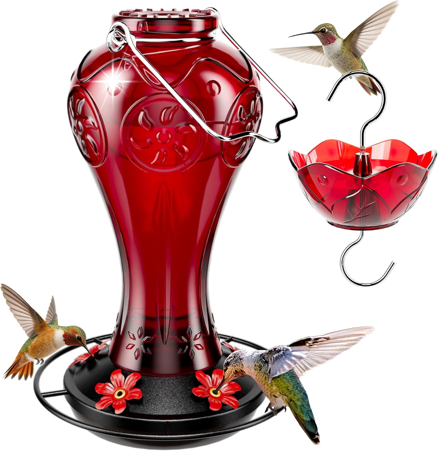 Birdream 23oz Red Glass Hummingbird Feeder for Outdoors, Durable Metal Base | 5 Feeding Ports, Built-in Ant Moat, For Outdoors Hanging, Decorative for Garden Patio Backyard