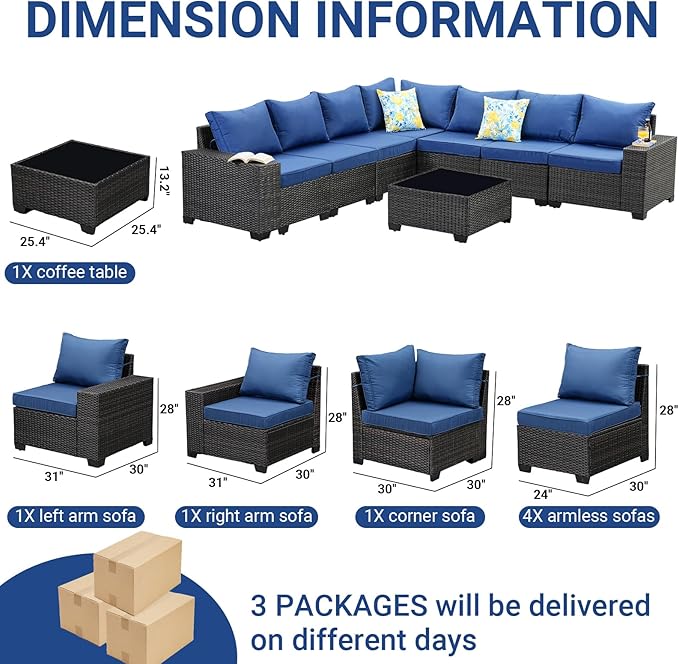 Jing's Villa 8-Piece Patio Furniture Set, All-Weather Outdoor Wicker Sectional Sofa with Cushions, Glass Table & Left and Right Armrest, Rattan Conversation Seating for Porch, Garden, Backyard,Navy